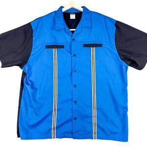 Hilton Bowling Retro Shirt Mens 2XL Blue Black Bowling Camp Button Front Casual